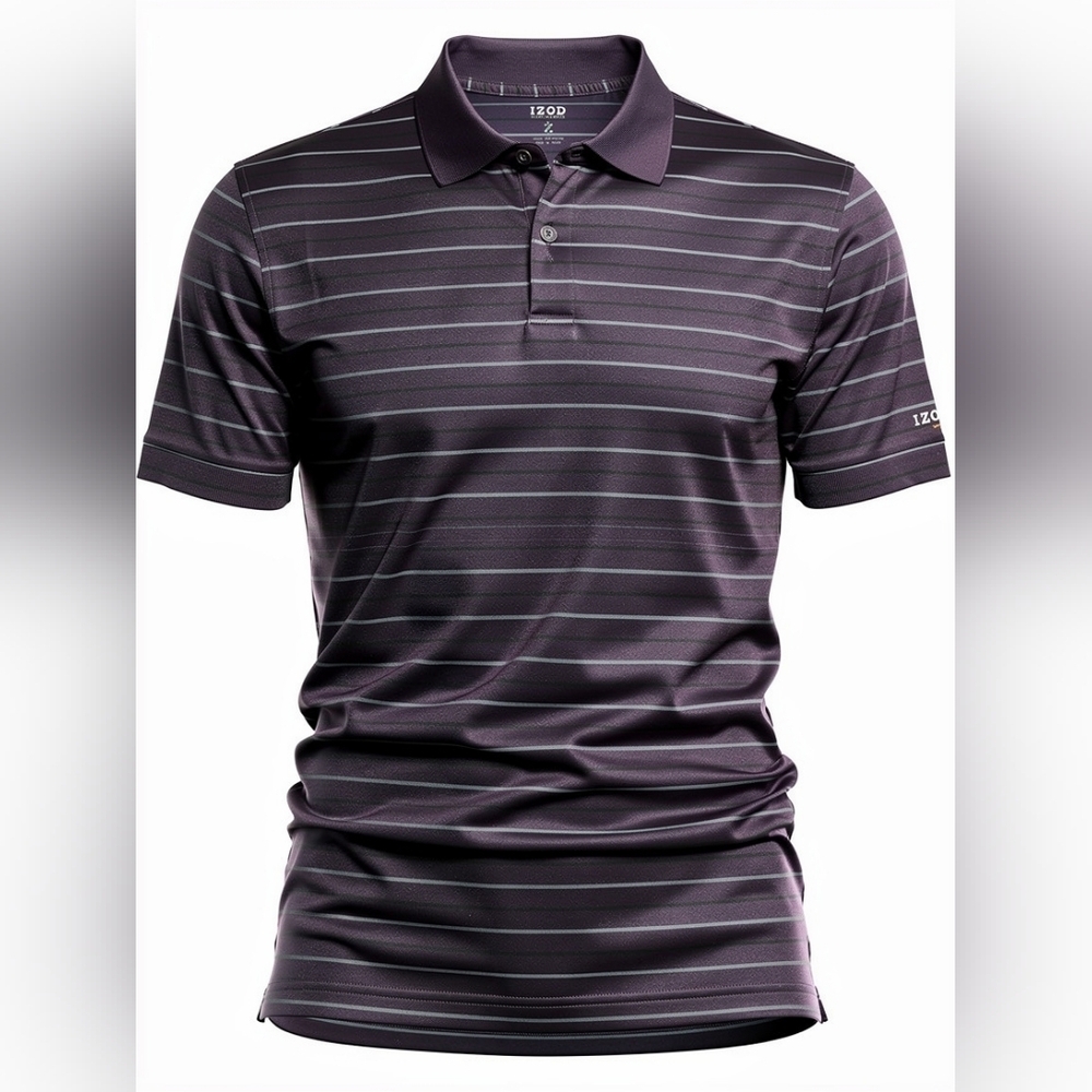 Izod Eggplant Purple Men's Polo Shirt - Dark Gray Stripes Size L